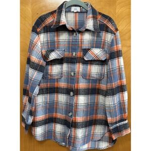 HAVE Womens Plaid Flannel Shacket Round Hem Side Slits Blue/Orange Sz M